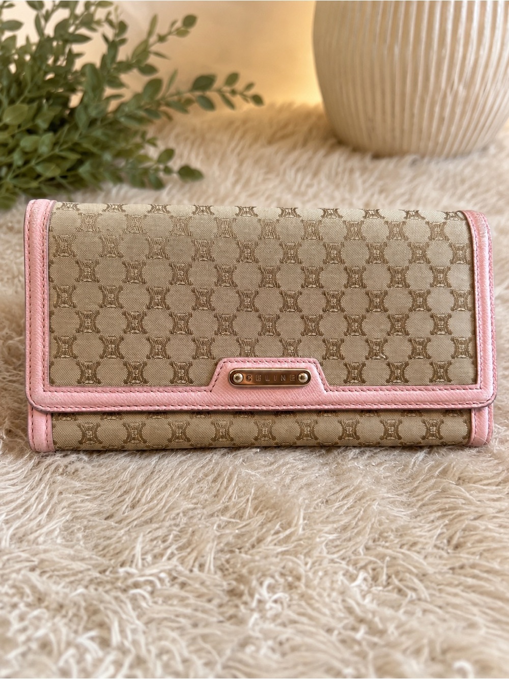 CELINE Macadam Monogram Long Wallet Pink Trim